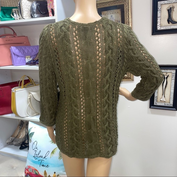 Lauren Ralph Lauren Olive Green Mercerized Cotton Crochet Eyelet V Neck Sweater - Picture 5 of 13